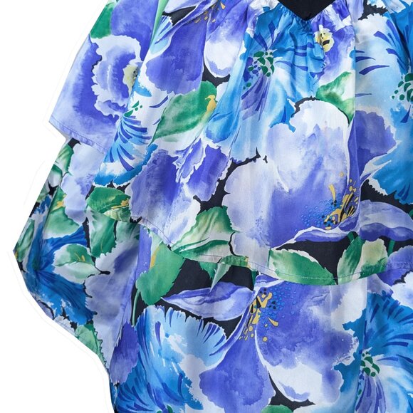 Vintage 80s Strapless Blue Floral Print Short Tiered Prom Cocktail Party Dress M - Picture 7 of 12